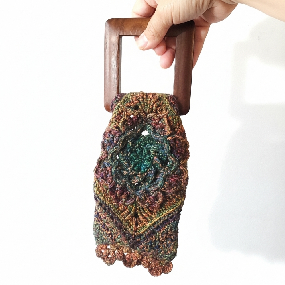 Handmade 4x6" Crochet Bracelet Purse Wood Wool Nylon Flower Boho Phone Fits - Picture 10 of 11